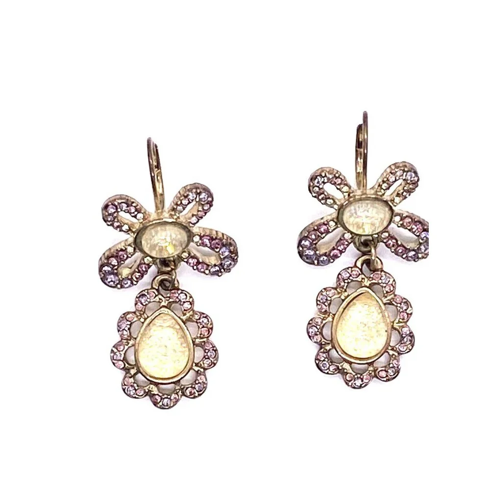 Vintage Gold Tone Crystal Flower Drop Earrings Dangle Rhinestone Art Deco 50s